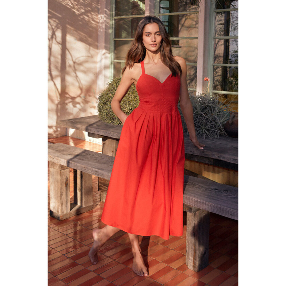 Lulus Strolling Sicily Red Pleated Backless Midi Dress With Pockets - Size L